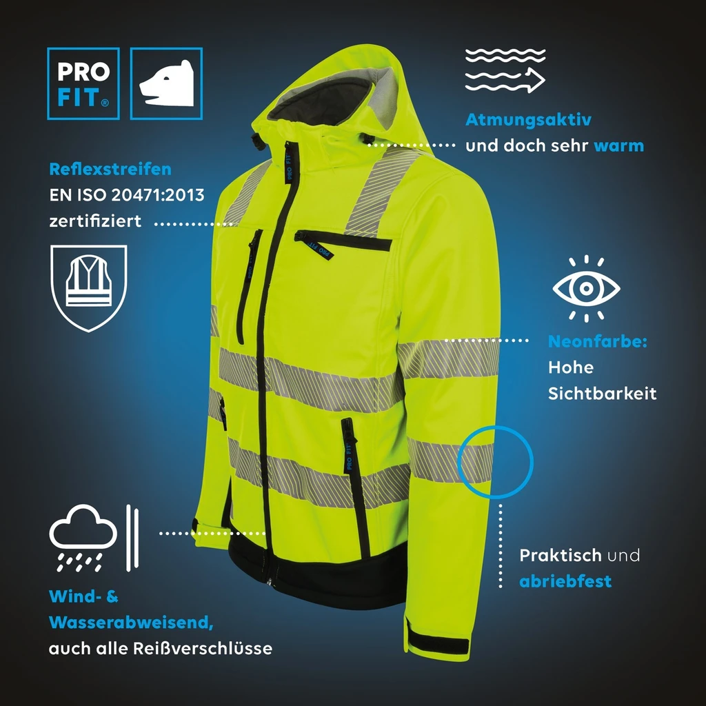 PRO FIT, winter warning protection softshell, Black, Neon Yellow, High-visibility protection softshell