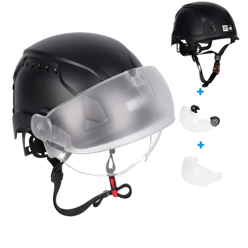 Safety helmet with visor and visor protector, black