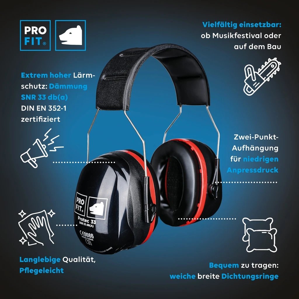 PRO FIT, Protec 33 earmuff, Red, Black, Hearing protection capsules