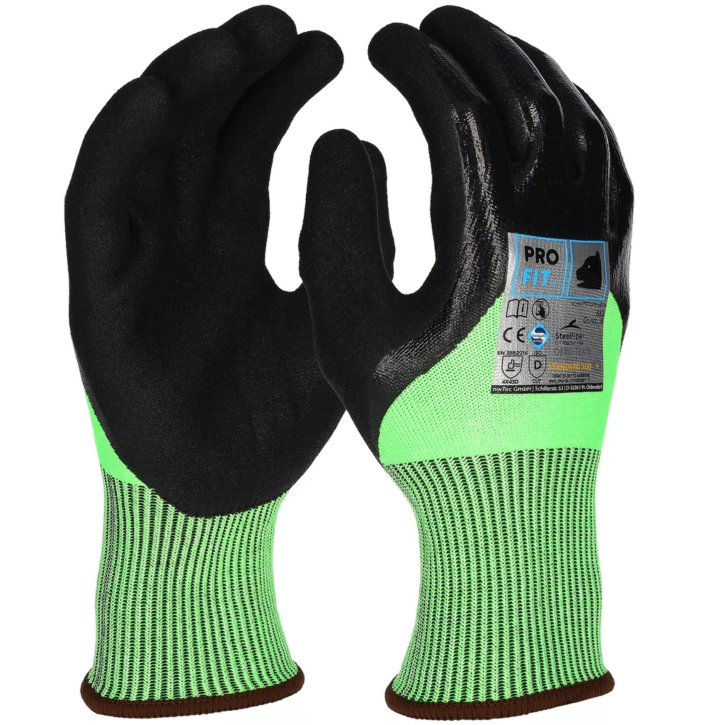 PRO FIT, nitrile cut resistance glove, Black, Neon Green, Cut protection nitrile